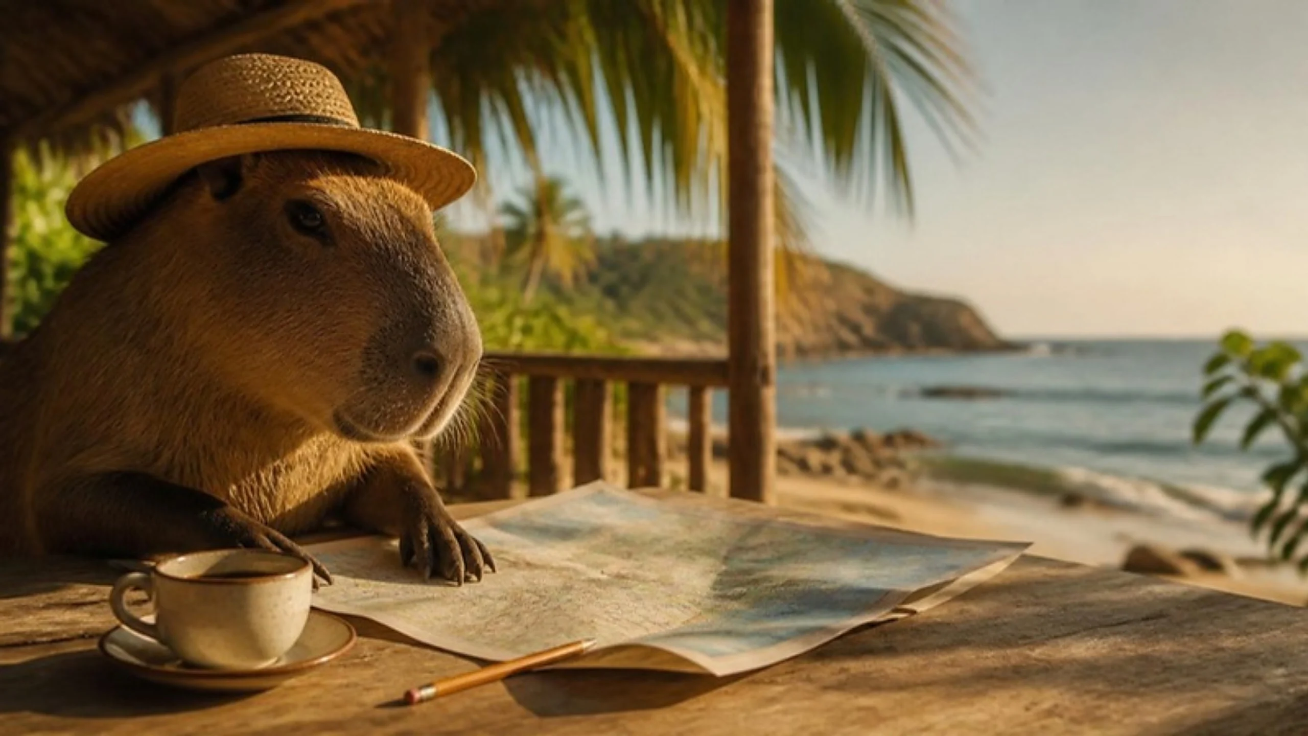 Capibara con sombrero revisando un mapa